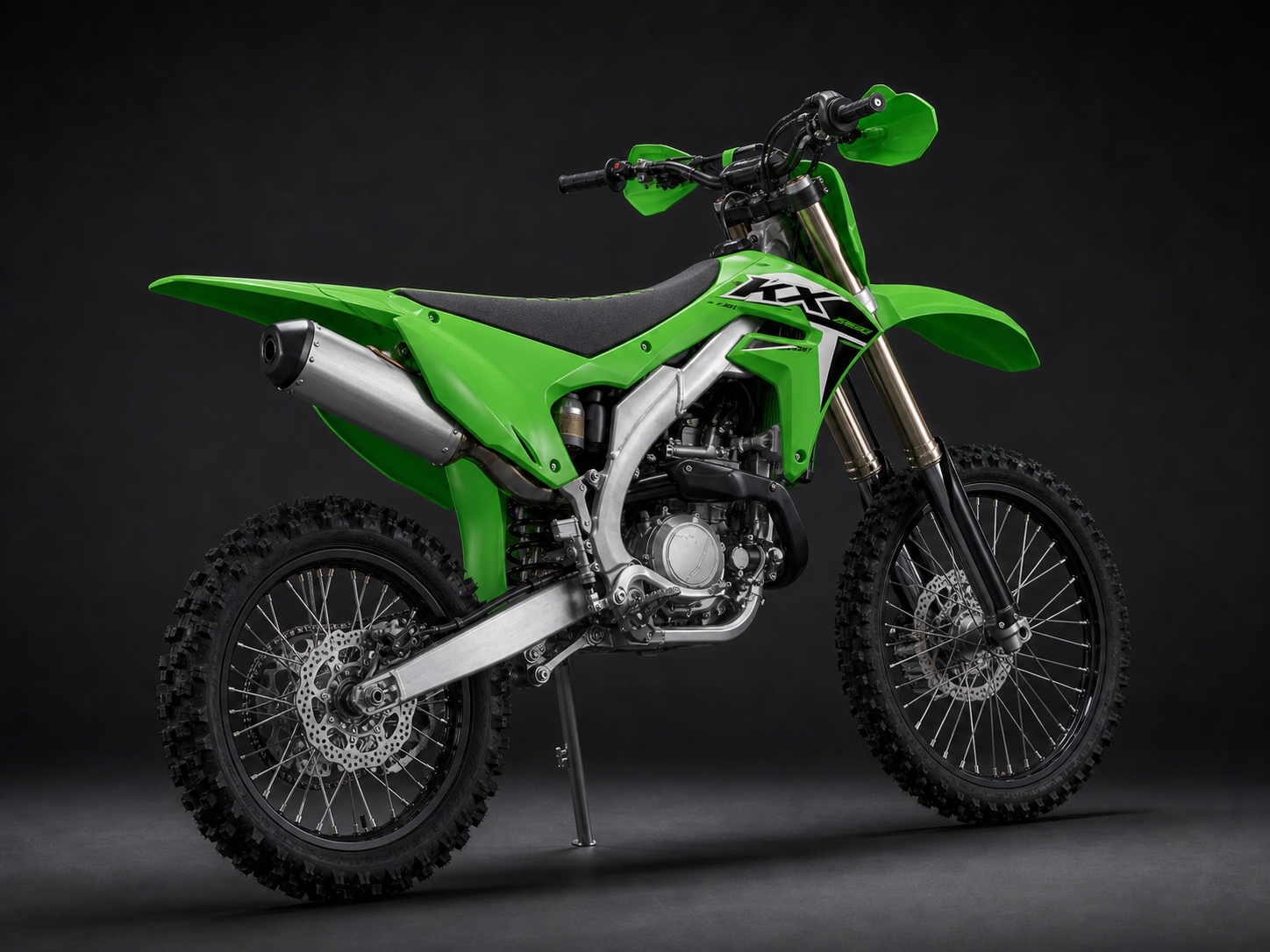 2026 Kawasaki KX450X Lime Green sol arka üç çeyrek görünüm