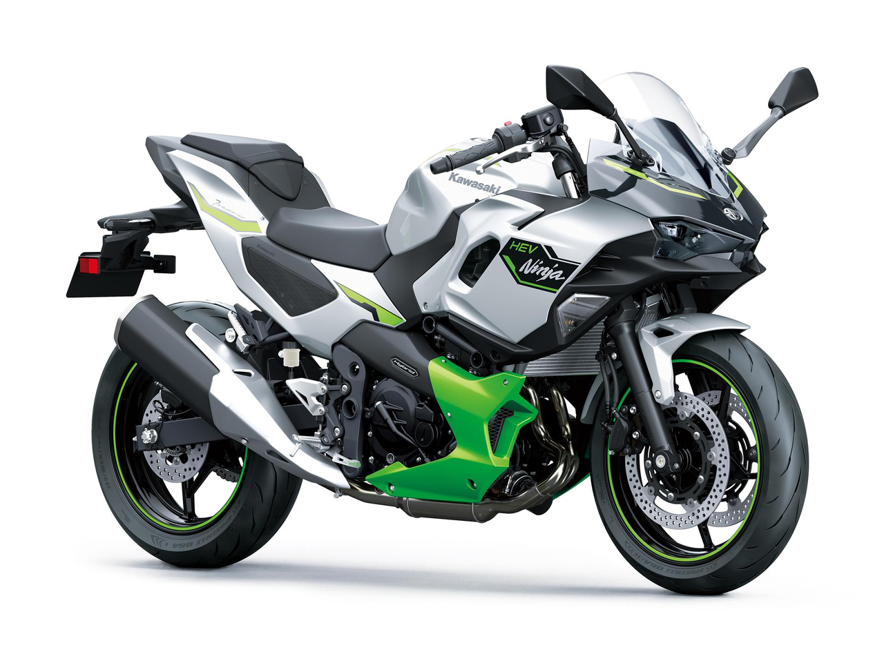 Kawasaki Ninja 7 Hybrid Metallic Bright Silver, Lime Green ve Ebony sağ ön üç çeyrek görünüm