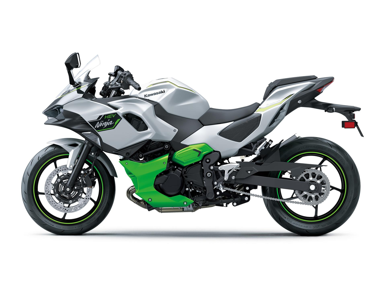 Kawasaki Ninja 7 Hybrid Metallic Bright Silver, Lime Green ve Ebony sol yan görünüm
