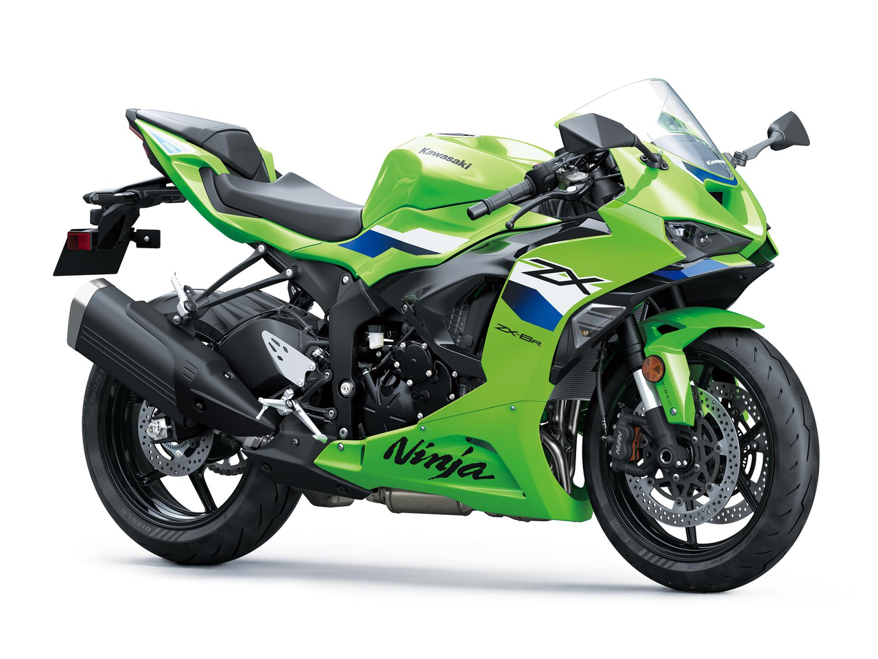 2026 Kawasaki Ninja ZX-6R Lime Green ve Blue sağ ön üç çeyrek görünüm