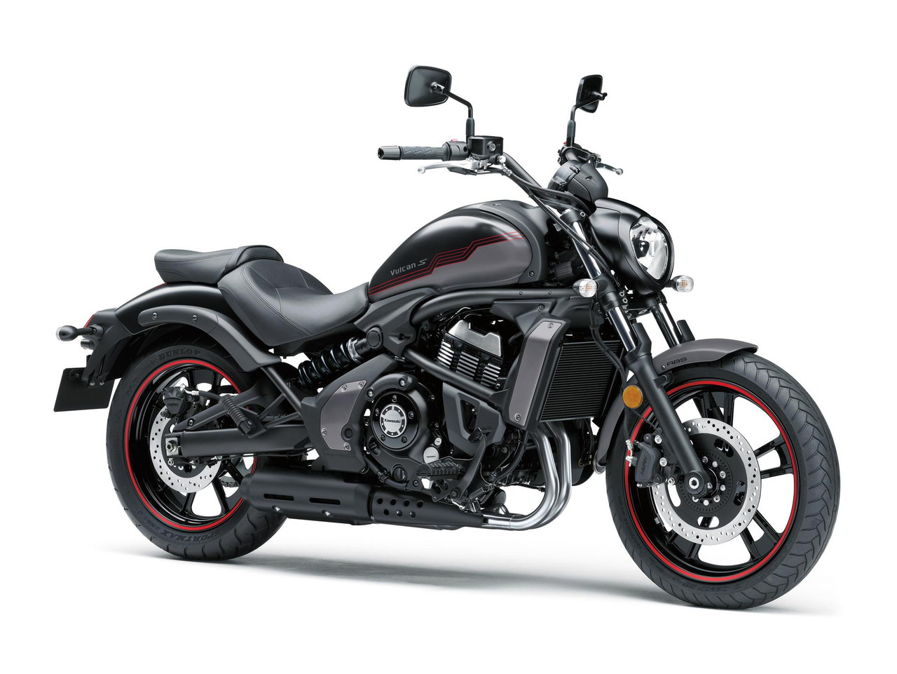 2025 Kawasaki Vulcan S Metallic Flat Spark Black ve Metallic Flat Raw Graystone sağ ön üç çeyrek görünüm
