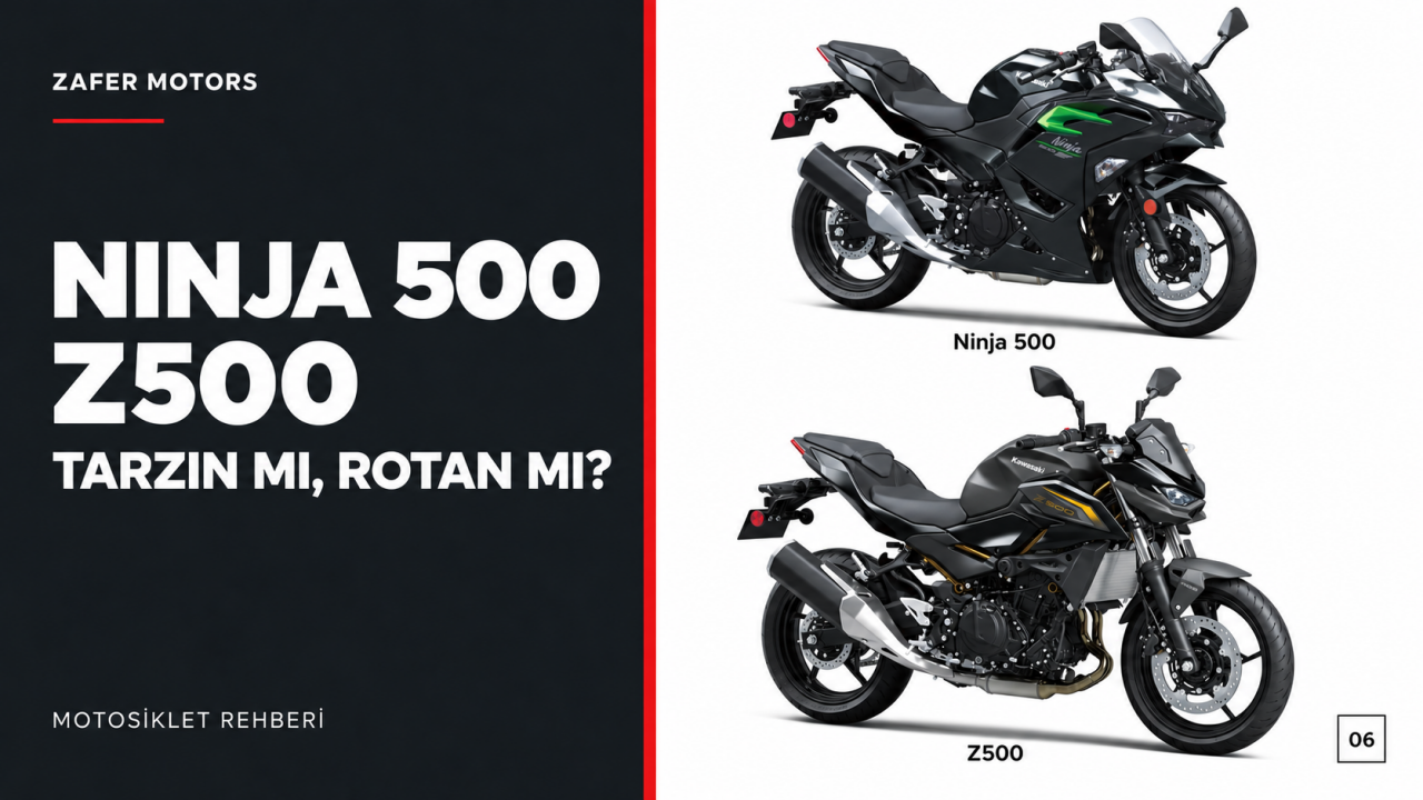 Zafer Motors Ninja 500 ve Z500 karşılaştırma kapağı; gri Ninja 500 ve siyah Z500 modelleri